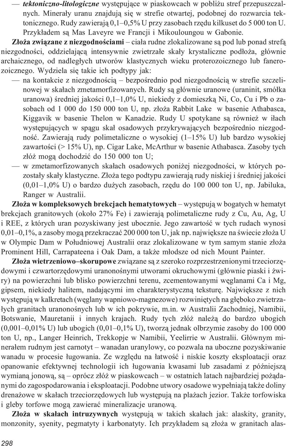 Z³o a zwi¹zane z niezgodnoœciami cia³a rudne zlokalizowane s¹ pod lub ponad stref¹ niezgodnoœci, oddzielaj¹c¹ intensywnie zwietrza³e ska³y krystaliczne pod³o a, g³ównie archaicznego, od nadleg³ych