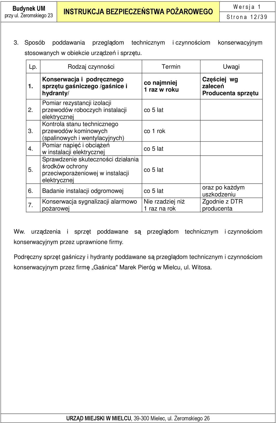 i wentylacyjnych) Pomiar napięć i obciąŝeń w instalacji elektrycznej Sprawdzenie skuteczności działania środków ochrony przeciwporaŝeniowej w instalacji elektrycznej co najmniej 1 raz w roku co 5 lat