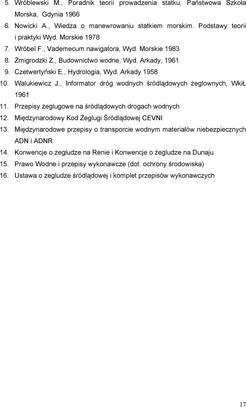 , Informator dróg wodnych śródlądowych żeglownych, WkiŁ 1961 11. Przepisy żeglugowe na śródlądowych drogach wodnych 12. Międzynarodowy Kod Żeglugi Śródlądowej CEVNI 13.