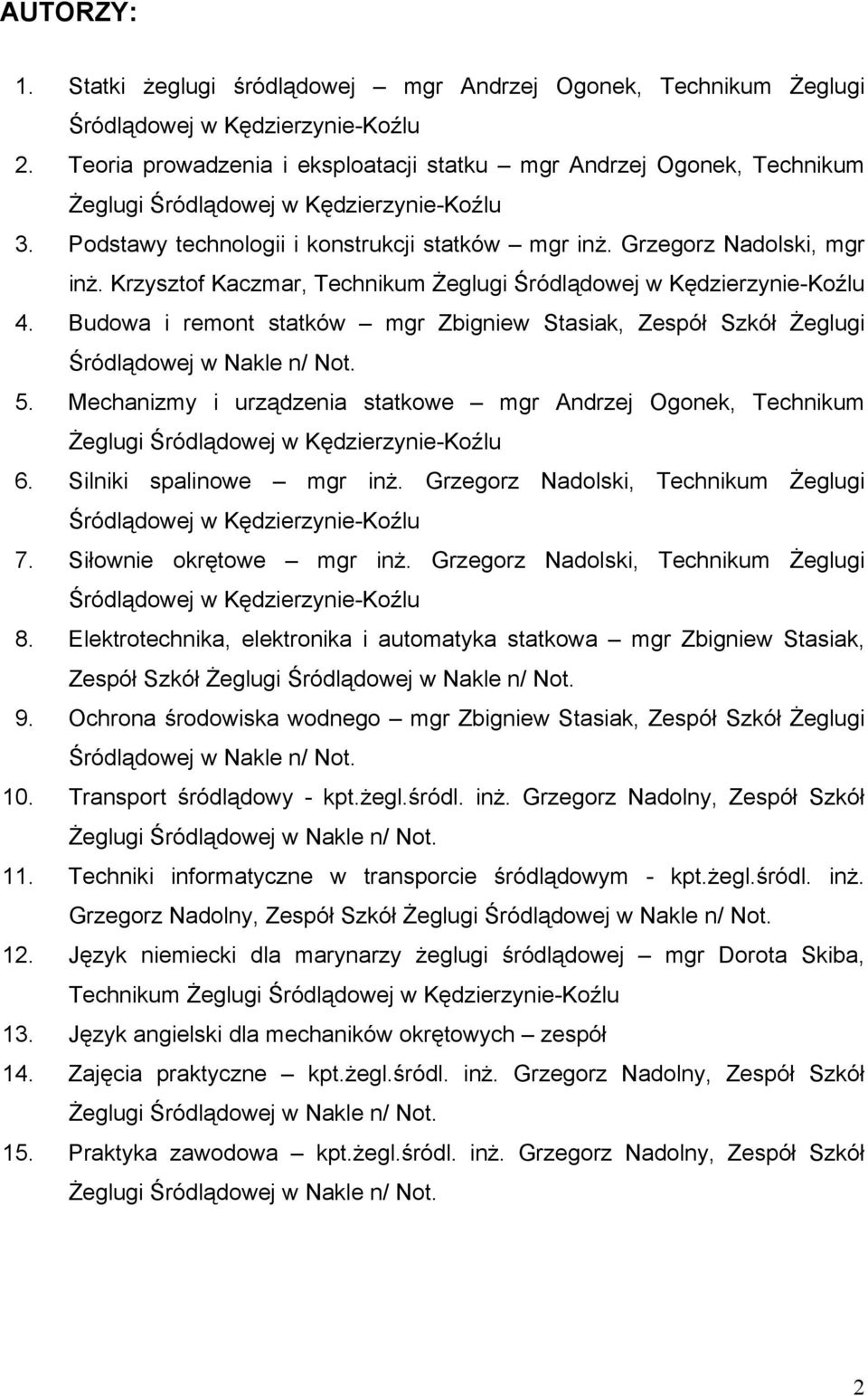 Krzysztof Kaczmar, Technikum Żeglugi Śródlądowej w Kędzierzynie-Koźlu 4. Budowa i remont statków mgr Zbigniew Stasiak, Zespół Szkół Żeglugi Śródlądowej w Nakle n/ Not. 5.