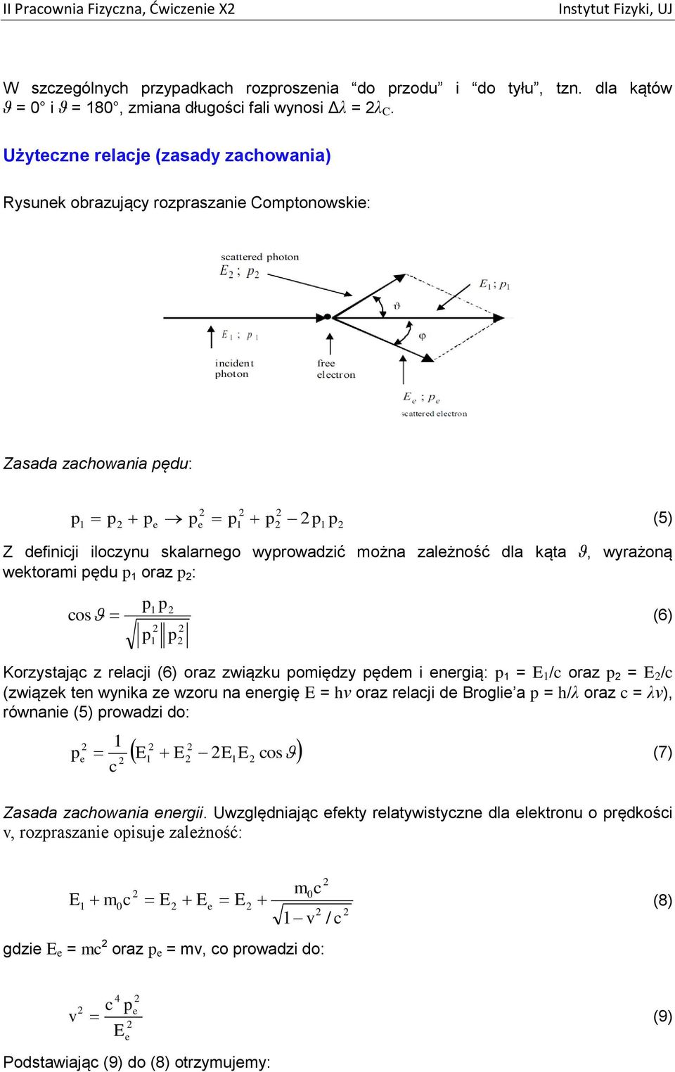 ϑ, wyrażoną wektorami pędu p oraz p : cos p p (6) p p Korzystając z relacji (6) oraz związku pomiędzy pędem i energią: p = E /c oraz p = E /c (związek ten wynika ze wzoru na energię E = hν oraz