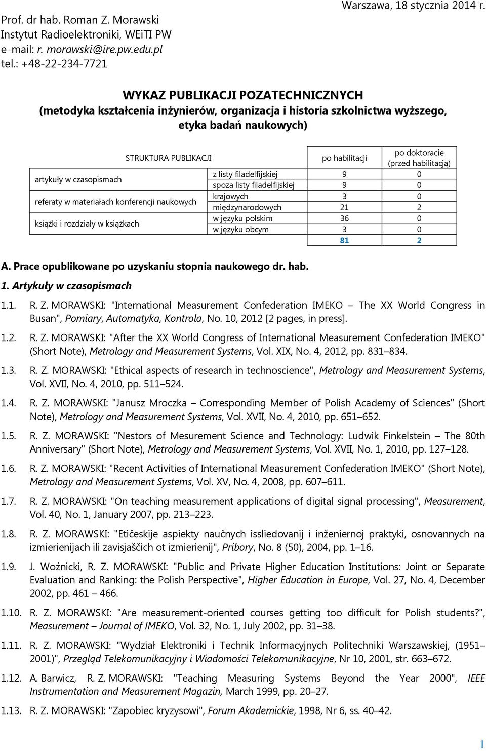 habilitacją) artykuły w czasopismach z listy filadelfijskiej 9 0 spoza listy filadelfijskiej 9 0 referaty w materiałach konferencji naukowych krajowych 3 0 międzynarodowych 21 2 książki i rozdziały w