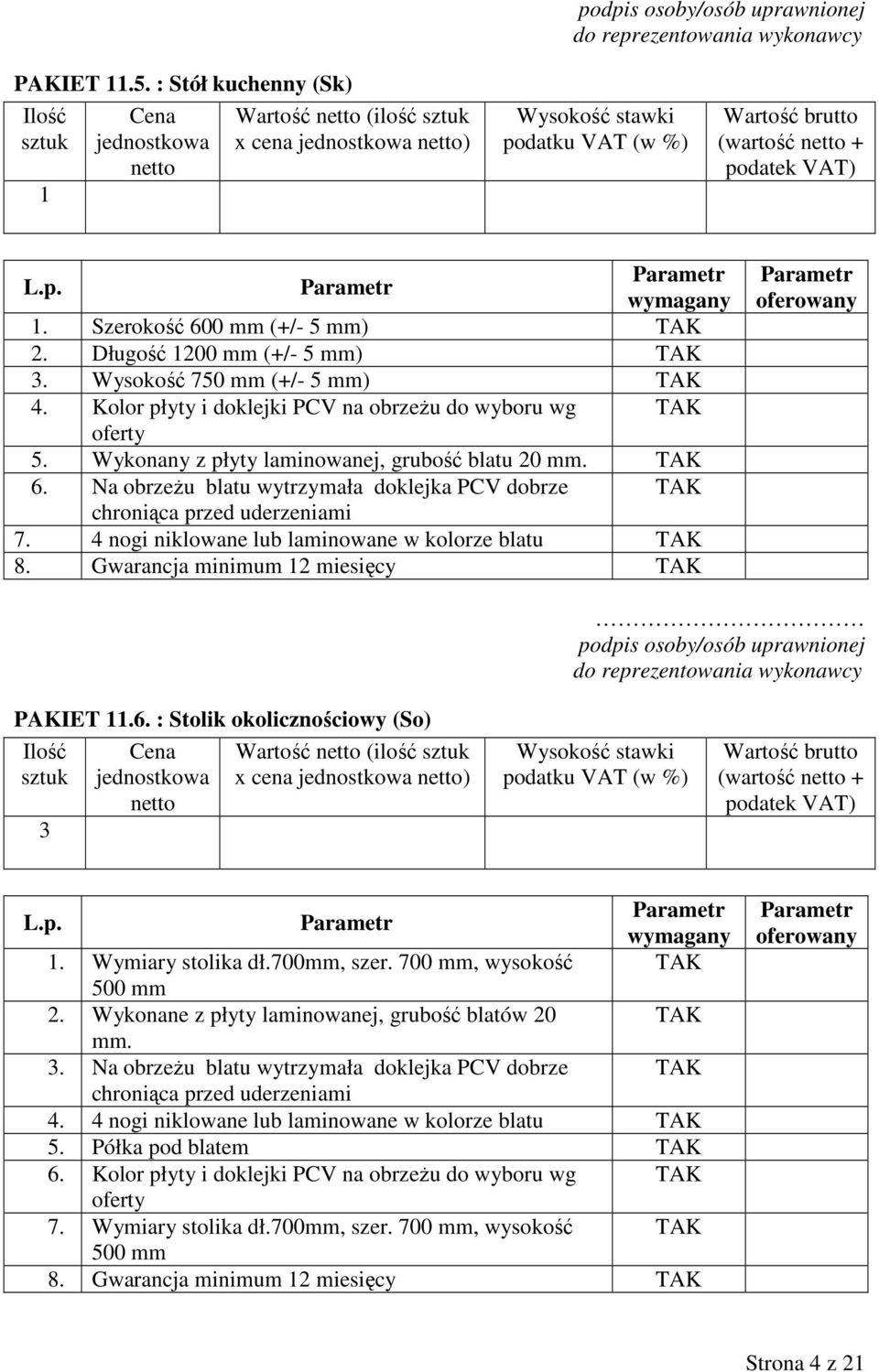 4 nogi niklowane lub laminowane w kolorze blatu 8. Gwarancja minimum 2 miesięcy PAKIET.6. : Stolik okolicznościowy (So) 3 Wartość (ilość x cena ) (wartość +. Wymiary stolika dł.700mm, szer.