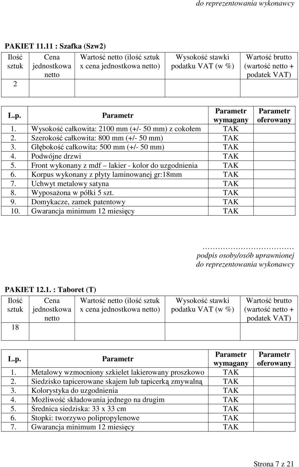 Wyposażona w półki 5 szt. 9. Domykacze, zamek patentowy 0. Gwarancja minimum 2 miesięcy PAKIET 2.. : Taboret (T) 8 Wartość (ilość x cena ) (wartość +.