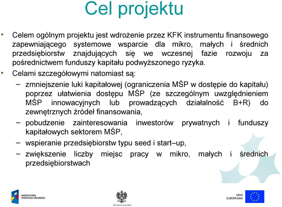 Celami szczegółowymi natomiast są: zmniejszenie luki kapitałowej (ograniczenia MŚP w dostępie do kapitału) poprzez ułatwienia dostępu MŚP (ze szczególnym uwzględnieniem MŚP