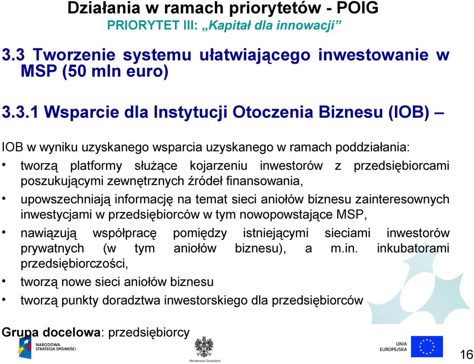 tworzą platformy służące kojarzeniu inwestorów z przedsiębiorcami poszukującymi zewnętrznych źródeł finansowania, upowszechniają informację na temat sieci aniołów biznesu zainteresownych