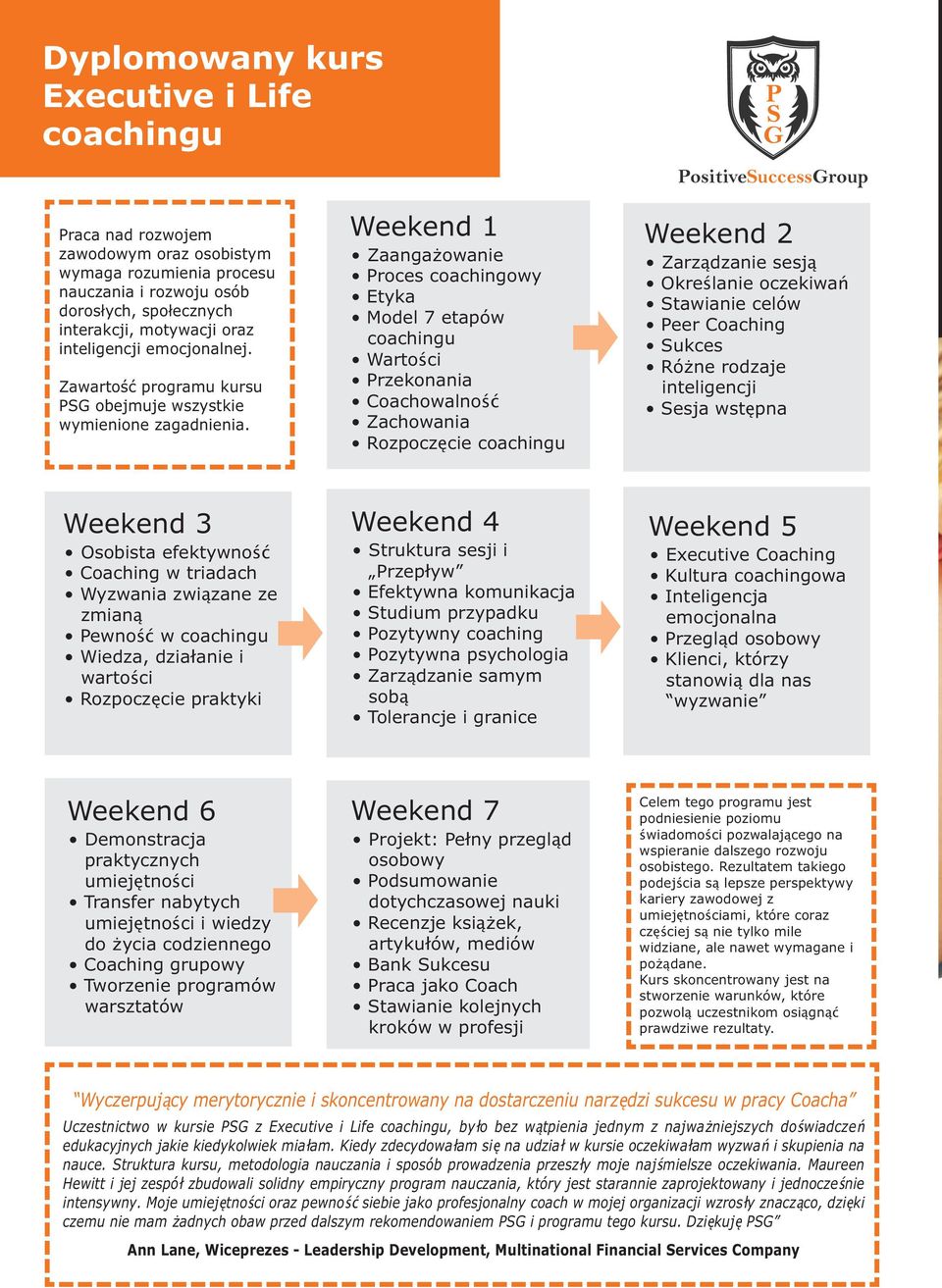 Weekend 1 Zaanga owanie Proces coachingowy Etyka Model 7 etapów coachingu Wartości Przekonania Coachowalność Zachowania Rozpoczęcie coachingu PositiveSuccessGroup Weekend 2 Zarządzanie sesją