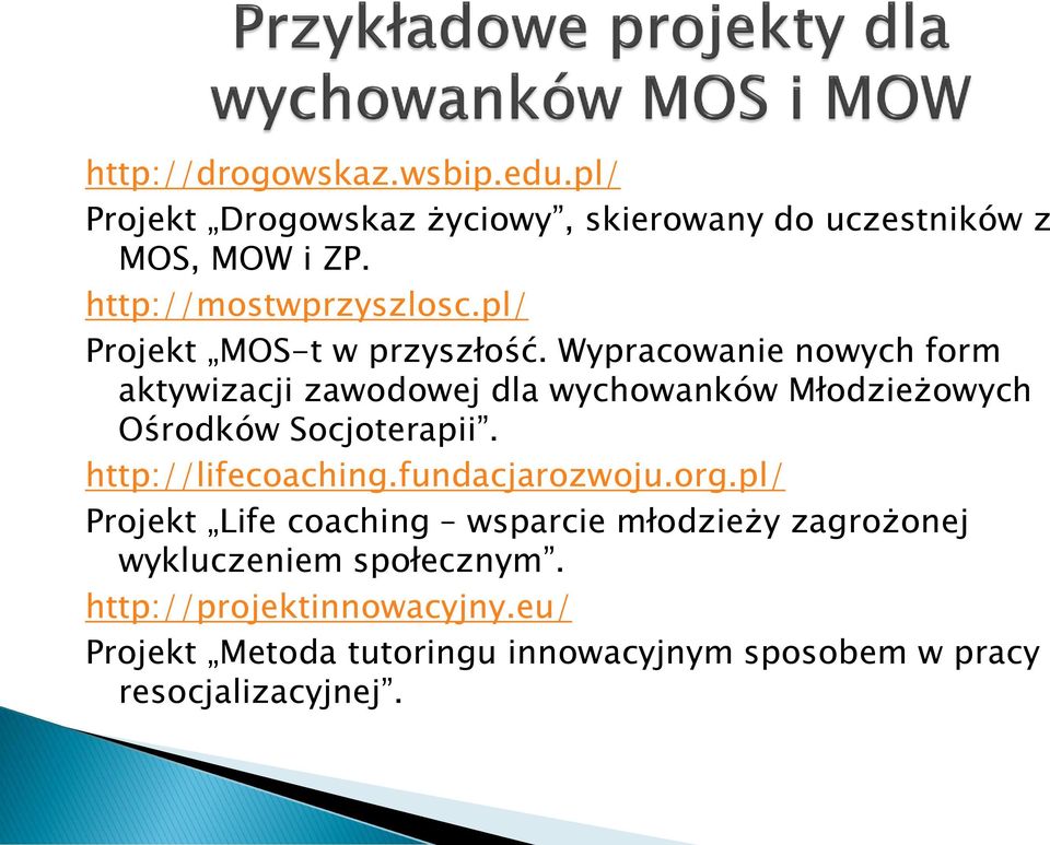 Wypracowanie nowych form aktywizacji zawodowej dla wychowanków Młodzieżowych Ośrodków Socjoterapii. http://lifecoaching.