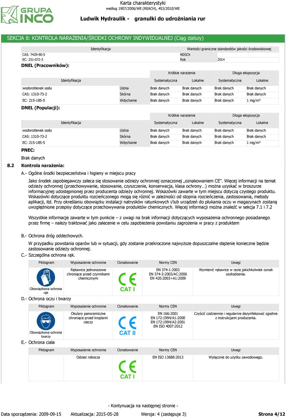 Krótkie narażenie Długa ekspozycja Identyfikacja Systematyczna Lokalne Systematyczna Lokalne wodorotlenek sodu Ustna CAS: 1310-73-2 Skórna EC: 215-185-5 Wdychanie 1 mg/m³ PNEC: 8.