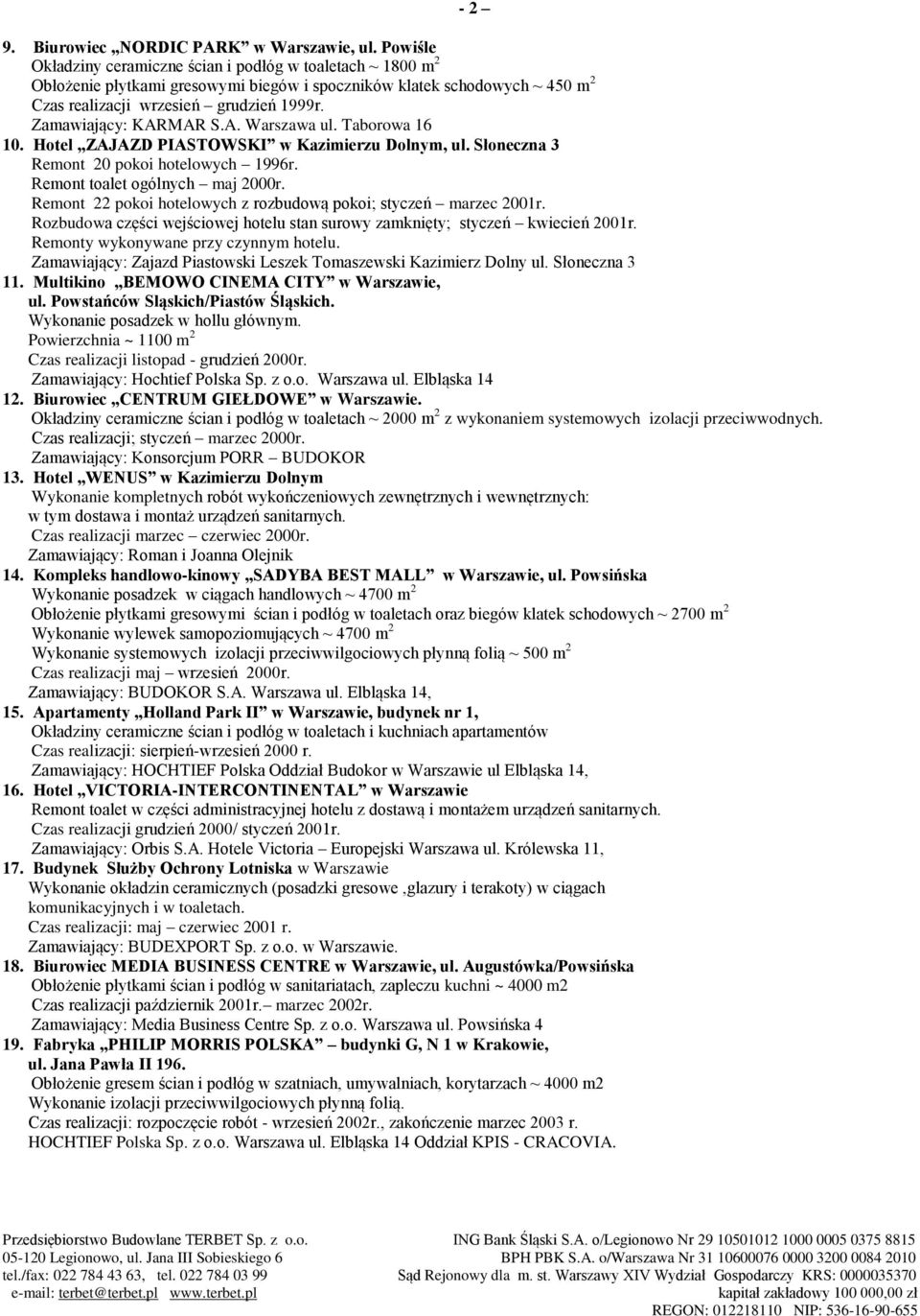 Zamawiający: KARMAR S.A. Warszawa ul. Taborowa 16 10. Hotel ZAJAZD PIASTOWSKI w Kazimierzu Dolnym, ul. Słoneczna 3 Remont 20 pokoi hotelowych 1996r. Remont toalet ogólnych maj 2000r.