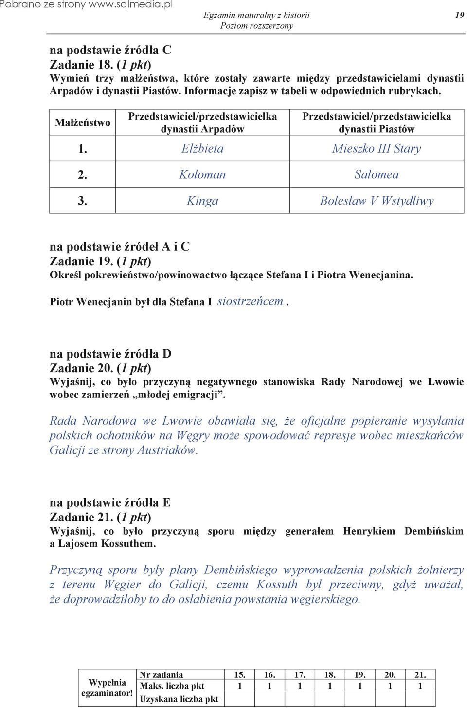 Koloman Salomea 3. Kinga Boles aw V Wstydliwy na podstawie róde A i C Zadanie 19. (1 pkt) Okre l pokrewie stwo/powinowactwo cz ce Stefana I i Piotra Wenecjanina.