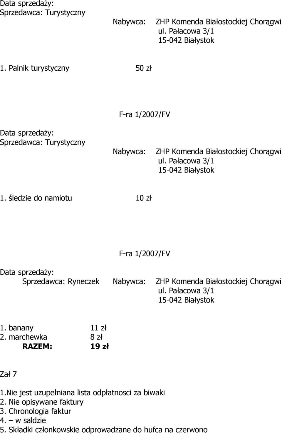 banany 11 zł 2. marchewka 8 zł RAZEM: 19 zł Zał 7 1.Nie jest uzupełniana lista odpłatnosci za biwaki 2.