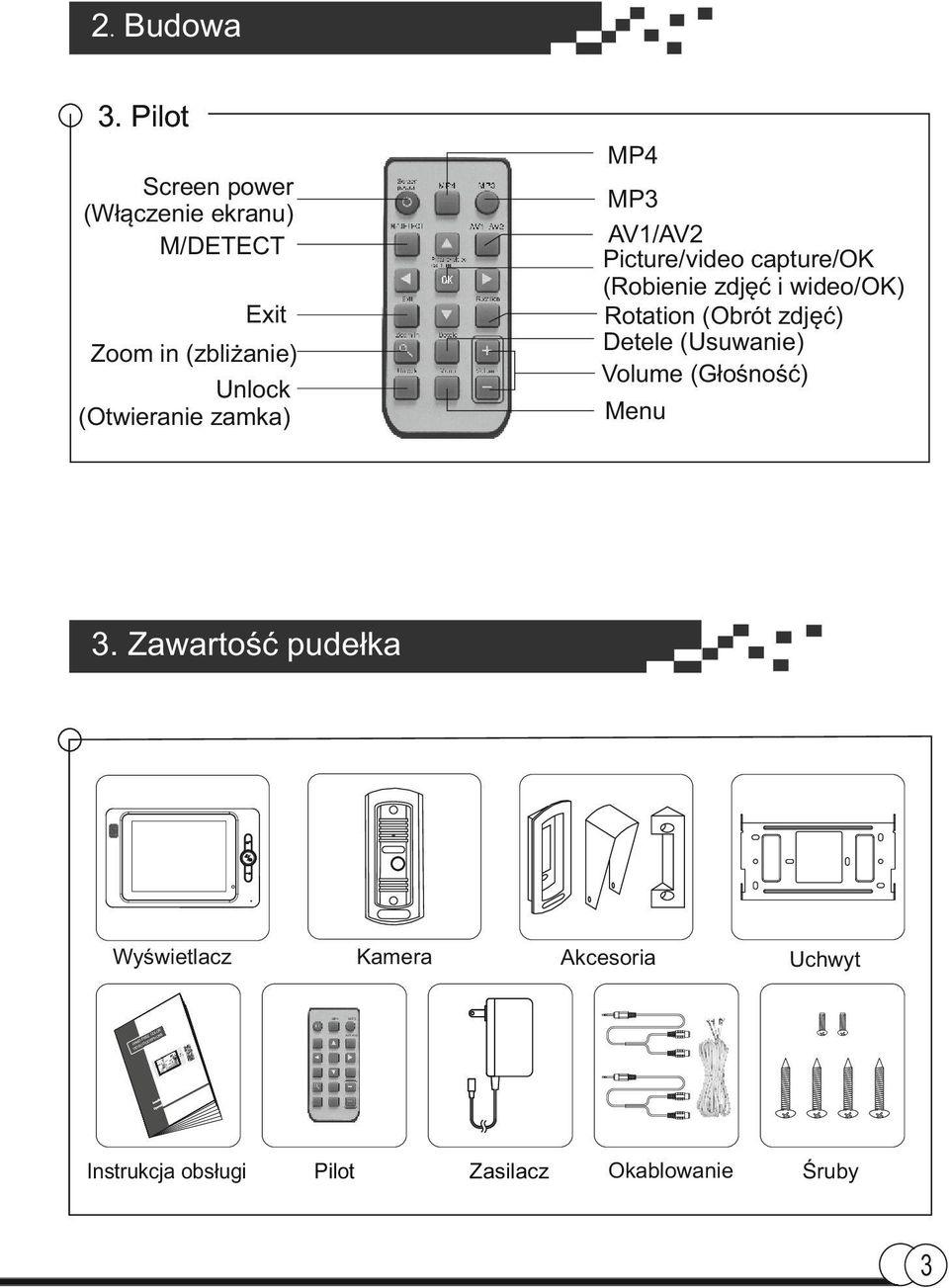 wideo/ok) Rotation (Obrót zdjęć) Detele (Usuwanie) Volume (Głośność) Exit Zoom in (zbliżanie) Unlock (Otwieranie