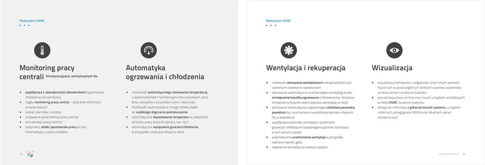 central wizualizacja pracy central optymalny dobór parametrów pracy w celu minimalizacji zużycia mediów Automatyka ogrzewania i chłodzenia możliwość automatycznego sterowania temperaturą z