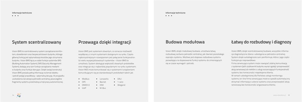 Vision BMS łączy w sobie funkcje systemów BAS (Building Automation System), SMS (Security Management System), dodając przy tym funkcje zarządzania mediami w budynku oraz funkcje sterujące.