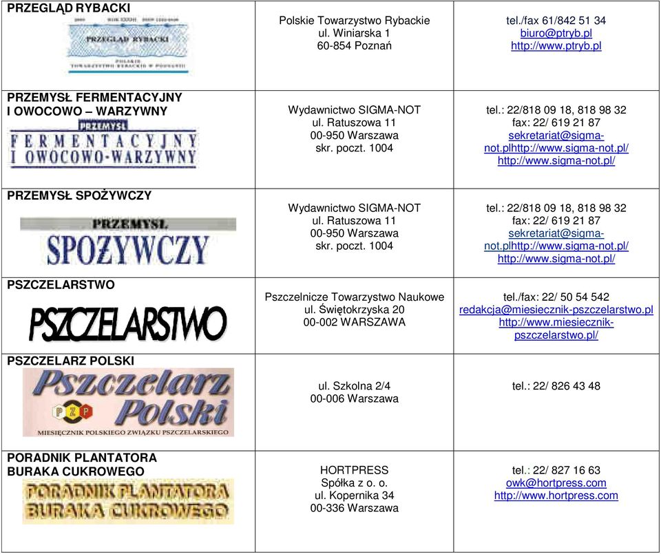 pl/ http://www.sigma-not.pl/ PRZEMYSŁ SPOśYWCZY PSZCZELARSTWO PSZCZELARZ POLSKI Wydawnictwo SIGMA-NOT ul. Ratuszowa 11 skr. poczt. 1004 Pszczelnicze Towarzystwo Naukowe ul.