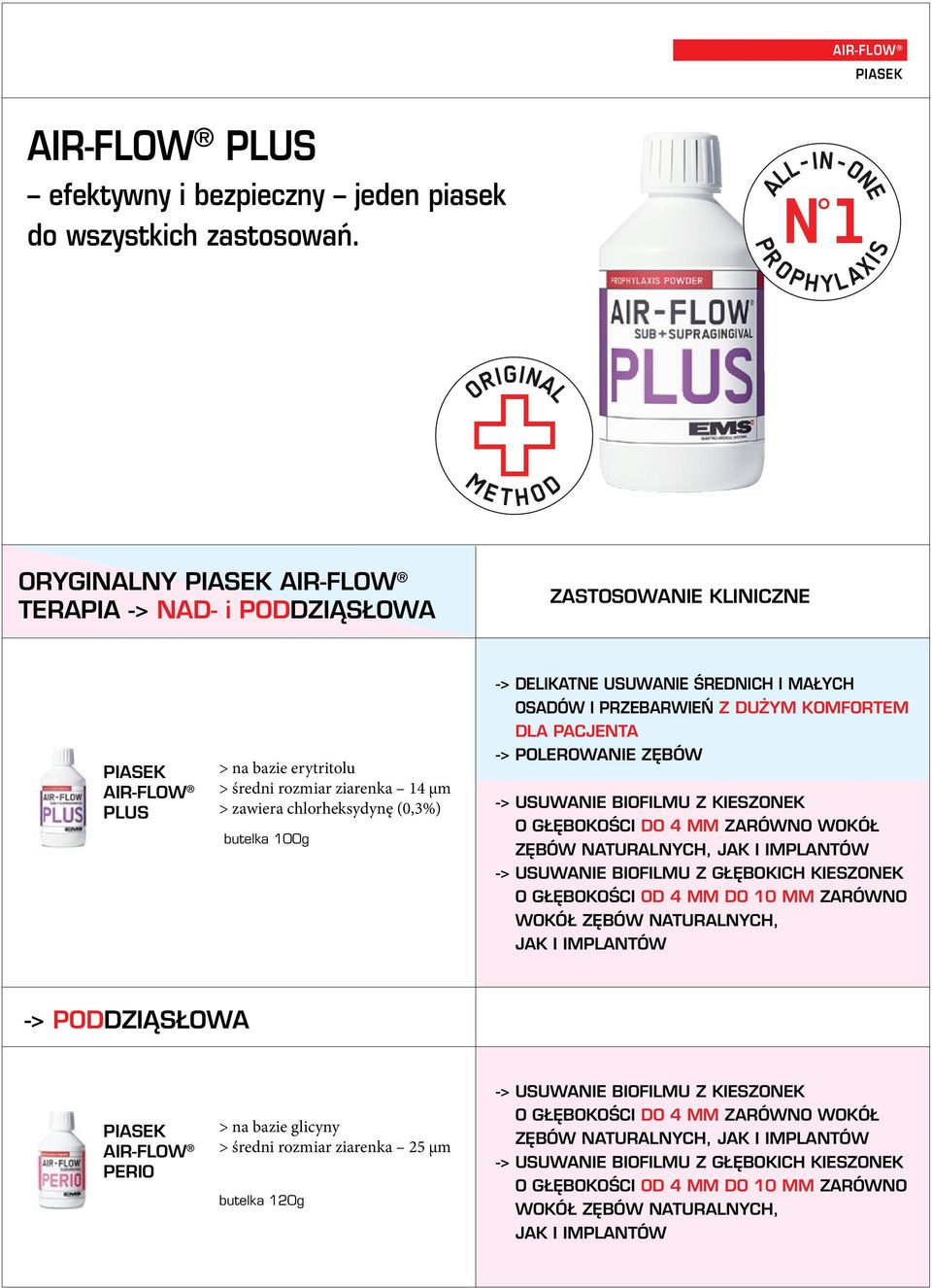 100g -> Delikatne usuwanie Ârednich i ma ych osadów i przebarwie z Du ym komfortem dla pacjenta -> polerowanie z bów -> USUWANIE biofilmu z kieszonek o g bokoâci do 4 mm zarówno wokó z bów