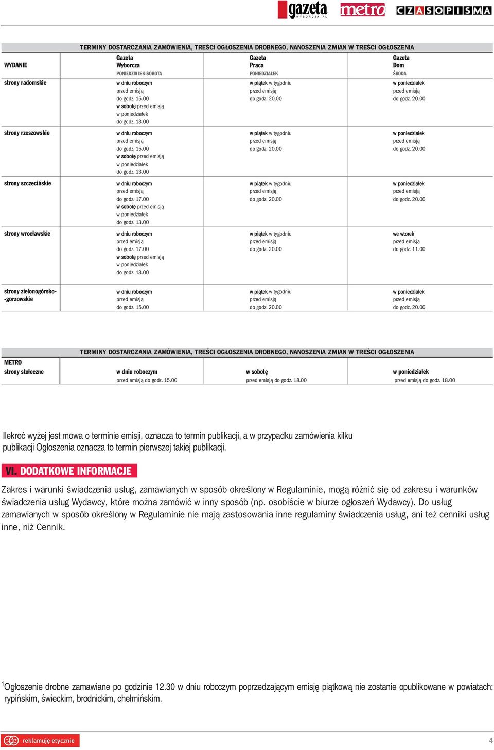 00 strony zielonogórsko- w dniu roboczym w piątek w tygodniu -gorzowskie TERMINY DOSTARCZANIA ZAMÓWIENIA, TREŚCI OGŁOSZENIA DROBNEGO, NANOSZENIA ZMIAN W TREŚCI OGŁOSZENIA METRO strony stołeczne w