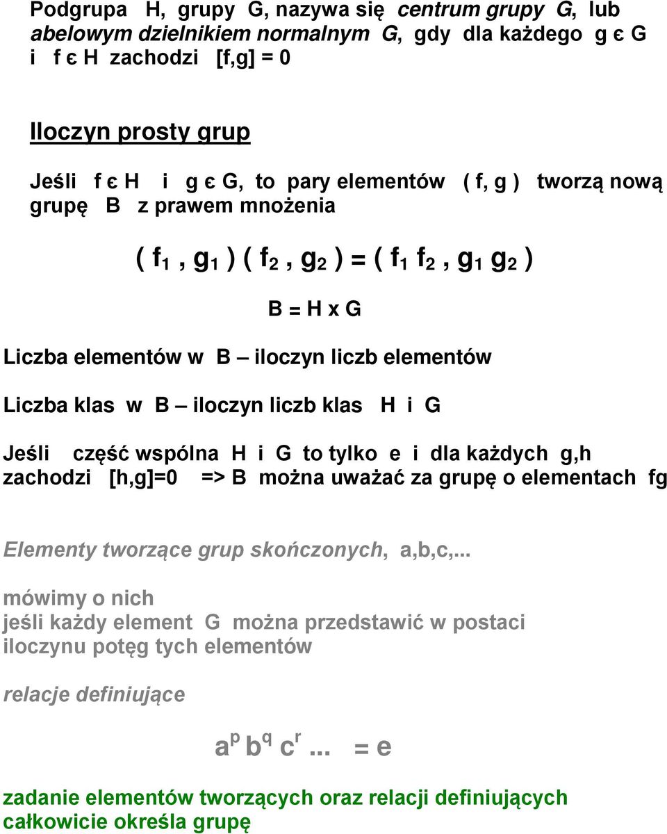 klas H i G Jeśli część wspólna H i G to tylko e i dla każdych g,h zachodzi [h,g]=0 => B można uważać za grupę o elementach fg Elementy tworzące grup skończonych, a,b,c,.