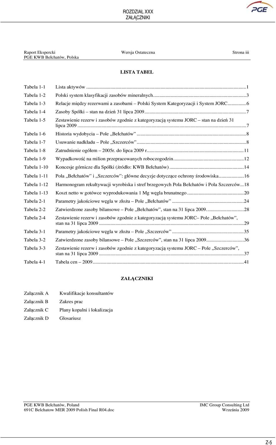 ..7 Tabela 1-5 Zestawienie rezerw i zasobów zgodnie z kategoryzacj systemu JORC stan na dzie 31 lipca 2009...7 Tabela 1-6 Historia wydobycia Pole Bechatów.