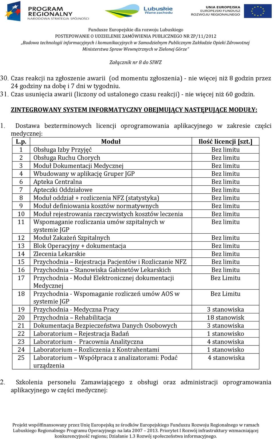 Dostawa bezterminowych licencji oprogramowania aplikacyjnego w zakresie części medycznej: L.p. Moduł Ilość licencji [szt.