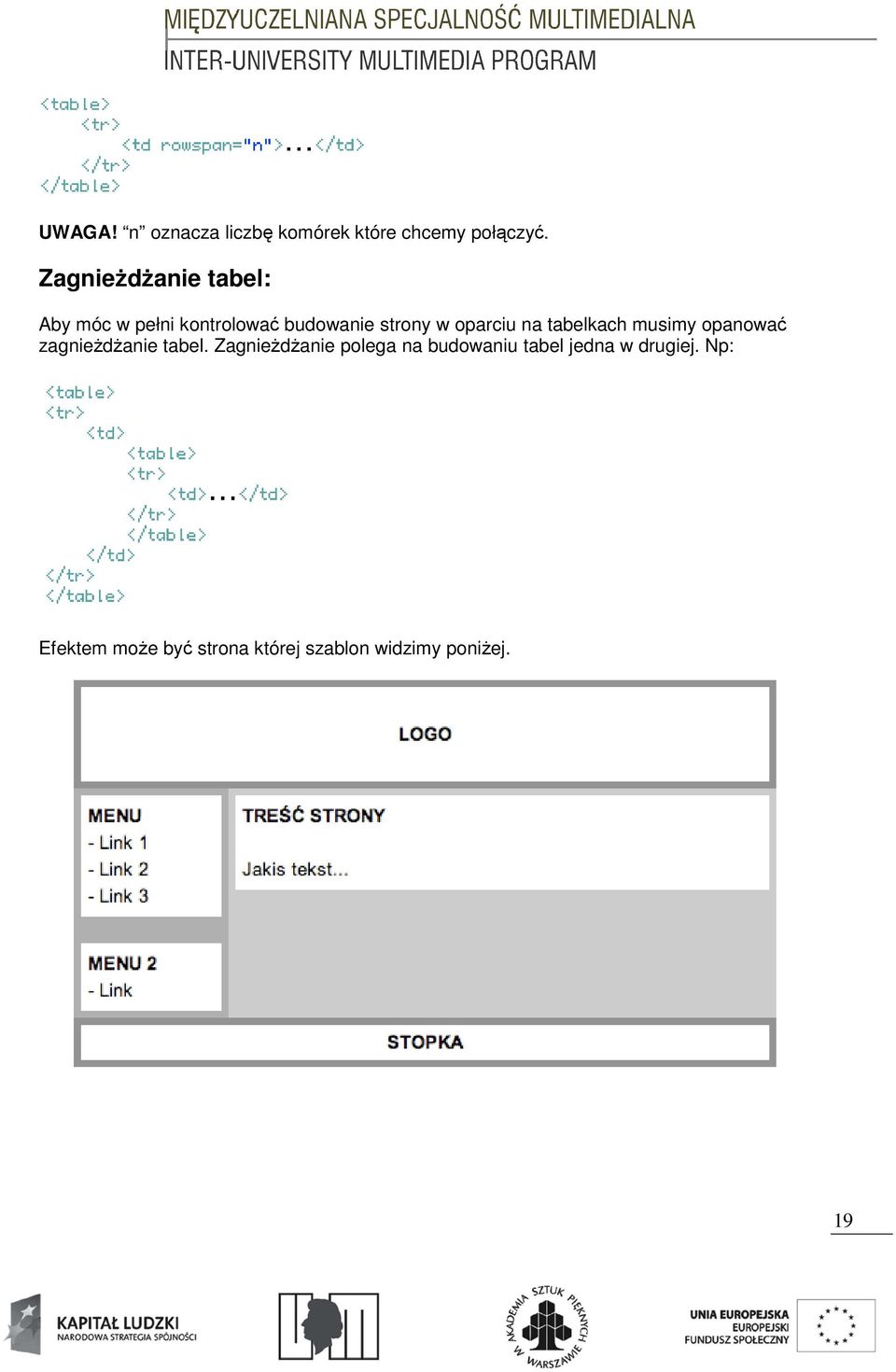 oparciu na tabelkach musimy opanować zagnieŝdŝanie tabel.