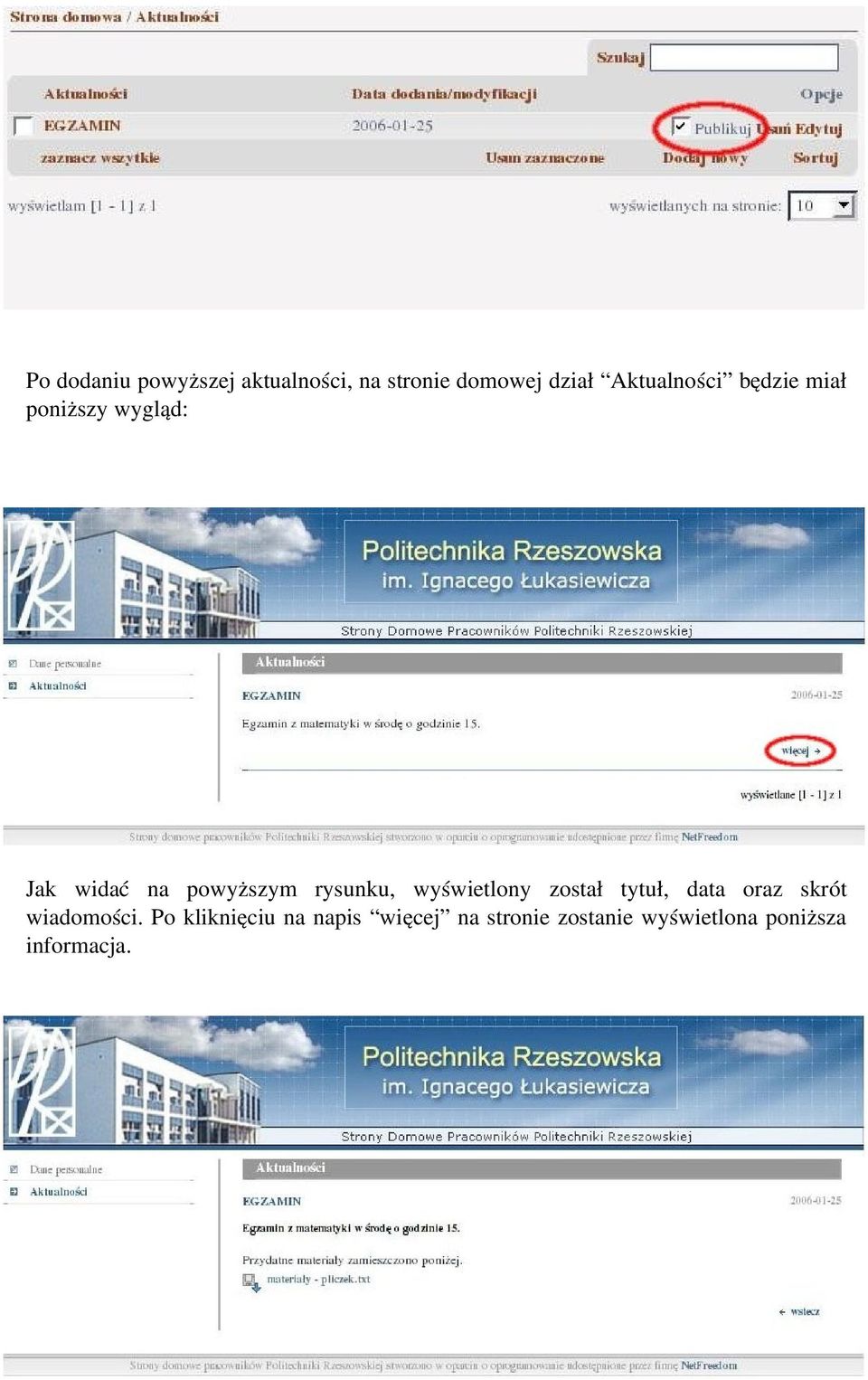 rysunku, wyświetlony został tytuł, data oraz skrót wiadomości.