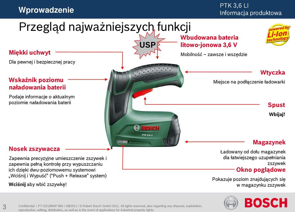 Nosek zszywacza Zapewnia precyzyjne umieszczenie zszywek i zapewnia pełną kontrolę przy wypuszczaniu ich dzięki dwu-poziomowemu systemowi Wciśnij i Wypuść ( Push +