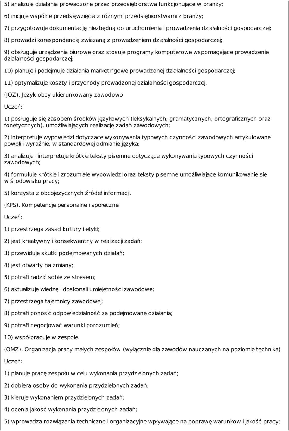 wspomagające prowadzenie działalności gospodarczej; 10) planuje i podejmuje działania marketingowe prowadzonej działalności gospodarczej; 11) optymalizuje koszty i przychody prowadzonej działalności