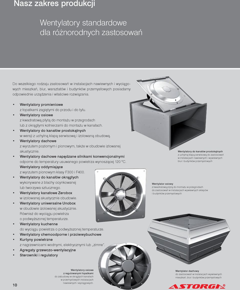 Wentylatory osiowe z kwadratową płytą do montażu w przegrodach lub z okrągłymi kołnierzami do montażu w kanałach.