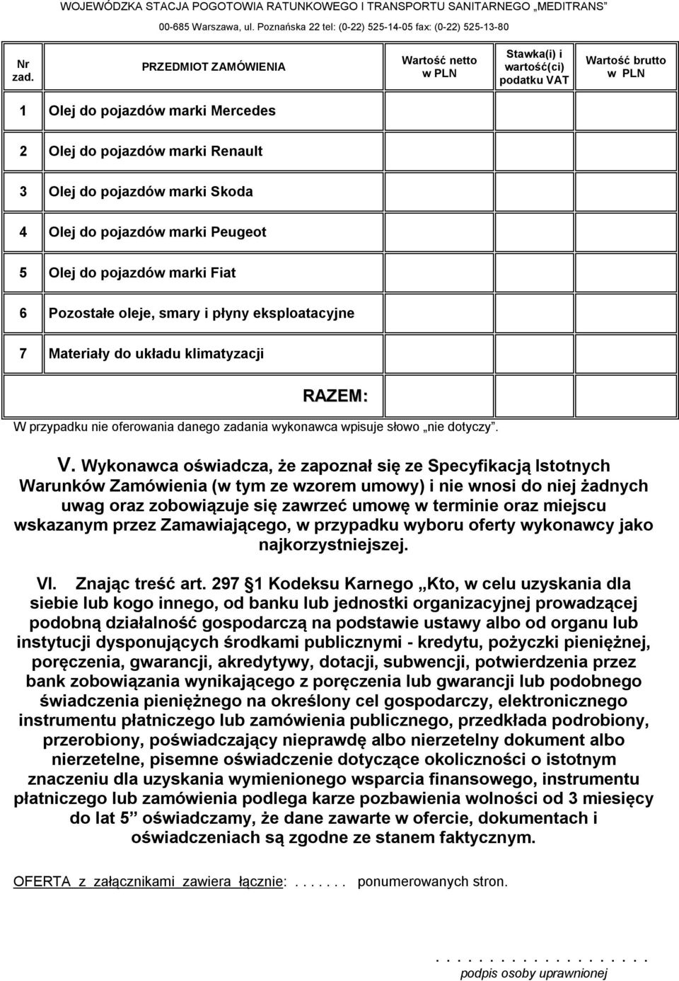 Olej do pojazdów marki Peugeot 5 Olej do pojazdów marki Fiat 6 Pozostałe oleje, smary i płyny eksploatacyjne 7 Materiały do układu klimatyzacji RAZEM: W przypadku nie oferowania danego zadania