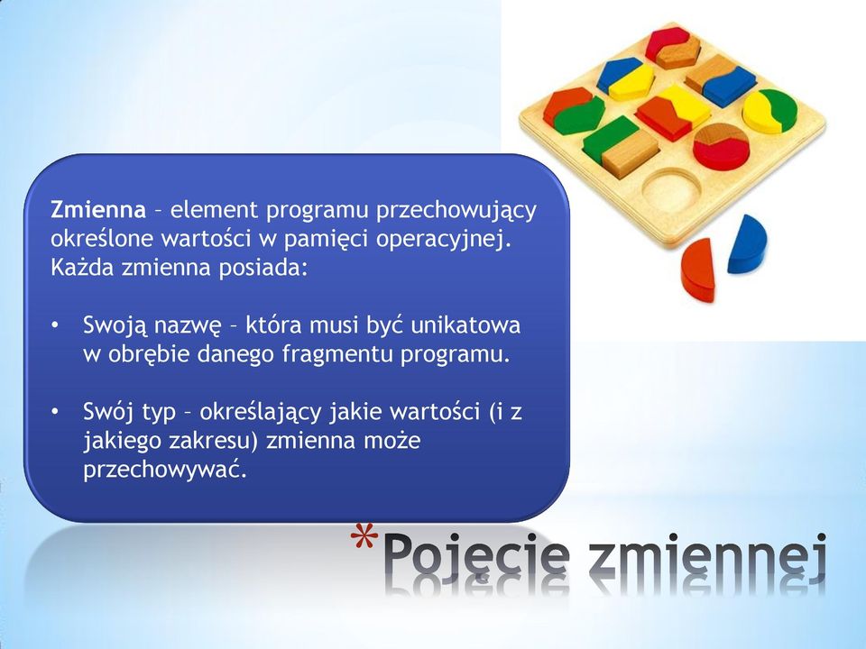 Każda zmienna posiada: Swoją nazwę która musi być unikatowa w