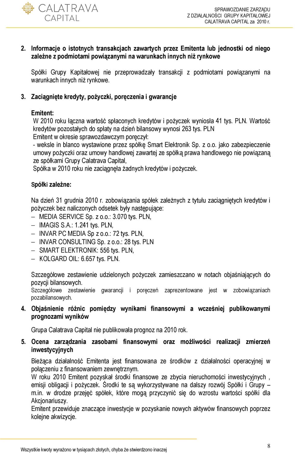 Zaciągnięte kredyty, poŝyczki, poręczenia i gwarancje Emitent: W 2010 roku łączna wartość spłaconych kredytów i poŝyczek wyniosła 41 tys. PLN.