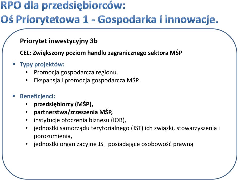 Beneficjenci: Beneficjenci: przedsiębiorcy (MŚP), partnerstwa/zrzeszenia MŚP, instytucje otoczenia