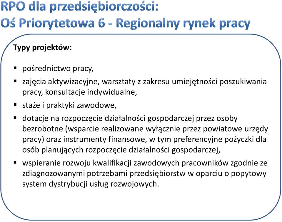 pracy) oraz instrumenty finansowe, w tym preferencyjne pożyczki dla osób planujących rozpoczęcie działalności gospodarczej, wspieranie rozwoju