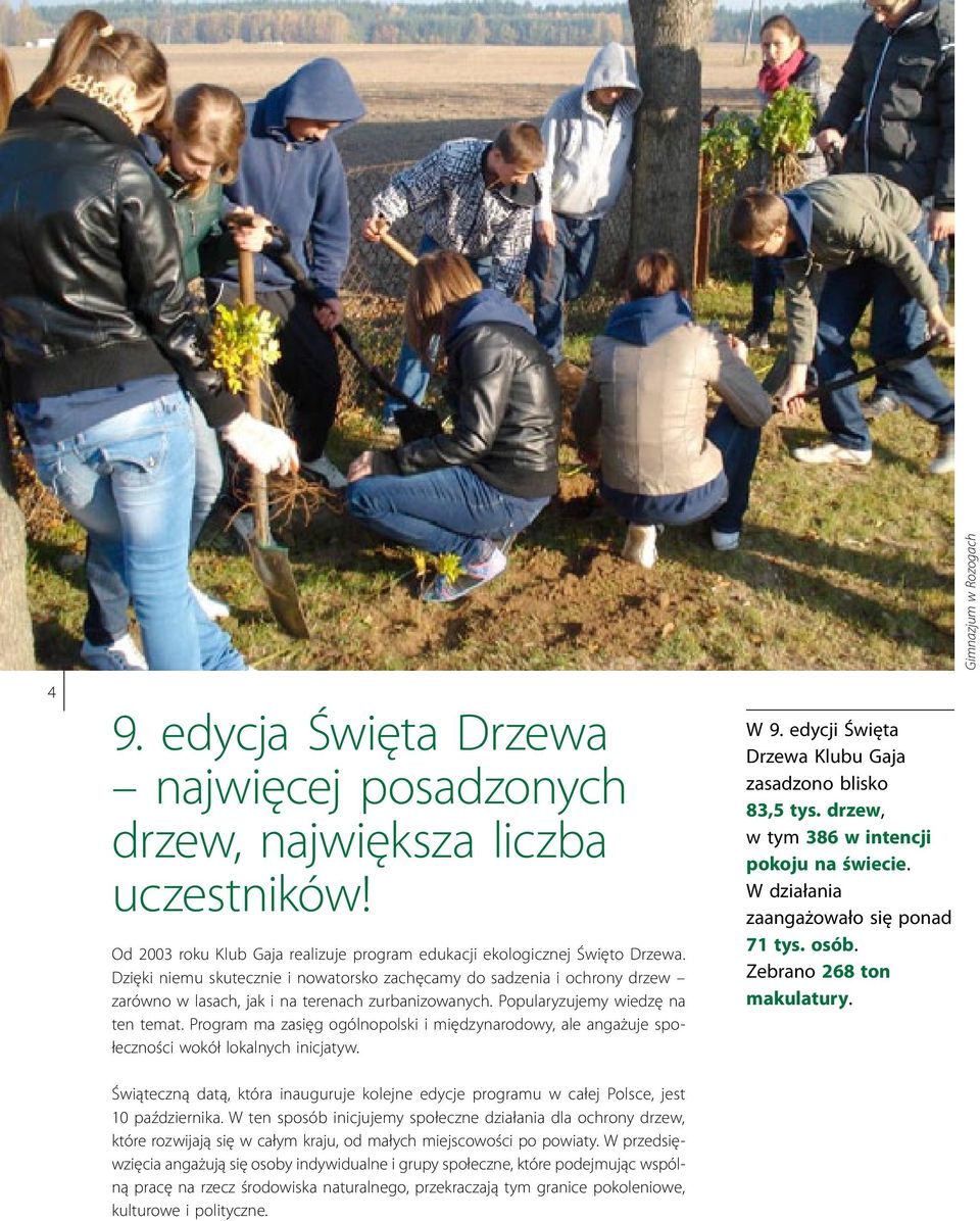 Program ma zasięg ogólnopolski i międzynarodowy, ale angażuje społeczności wokół lokalnych inicjatyw. W 9. edycji Święta Drzewa Klubu Gaja zasadzono blisko 83,5 tys.