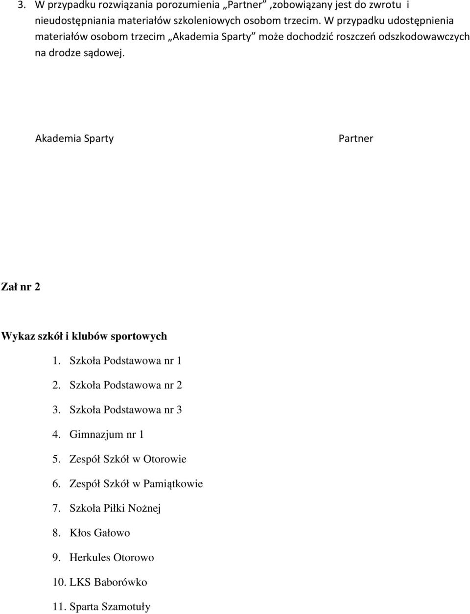 Akademia Sparty Partner Zał nr 2 Wykaz szkół i klubów sportowych 1. Szkoła Podstawowa nr 1 2. Szkoła Podstawowa nr 2 3. Szkoła Podstawowa nr 3 4.