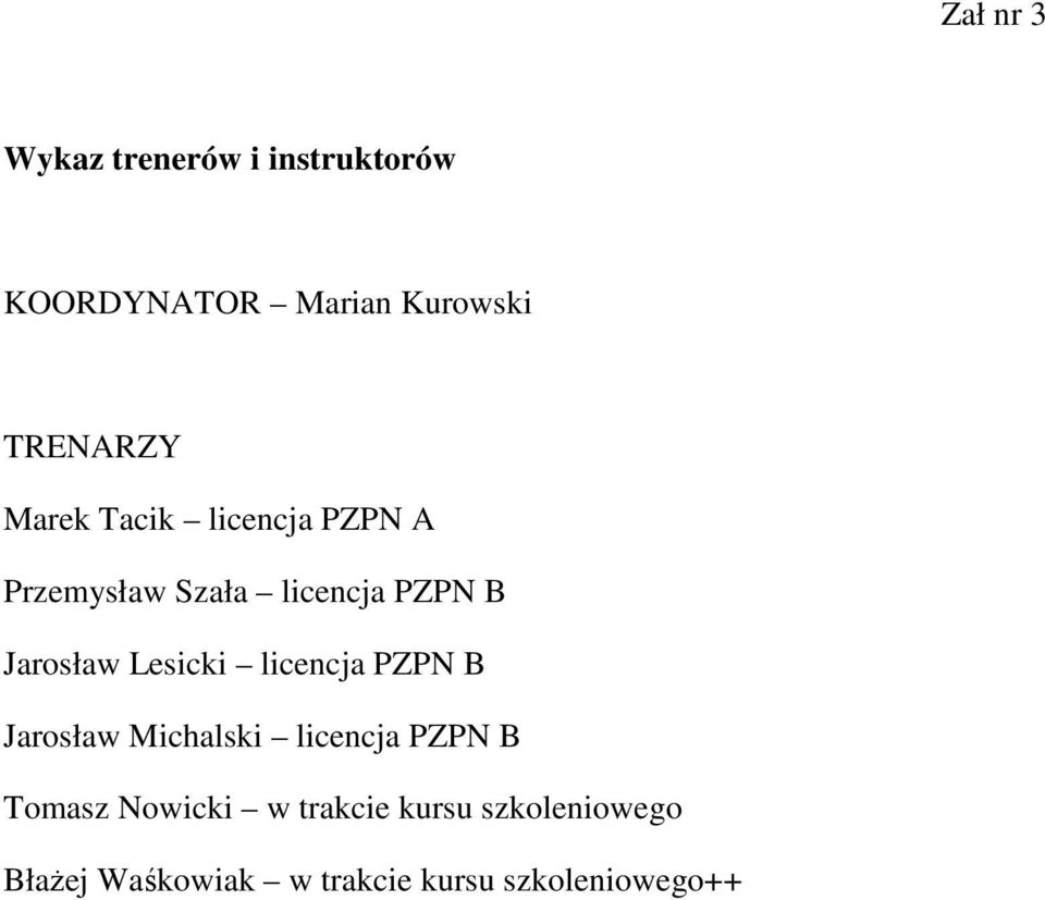 Jarosław Lesicki licencja PZPN B Jarosław Michalski licencja PZPN B Tomasz