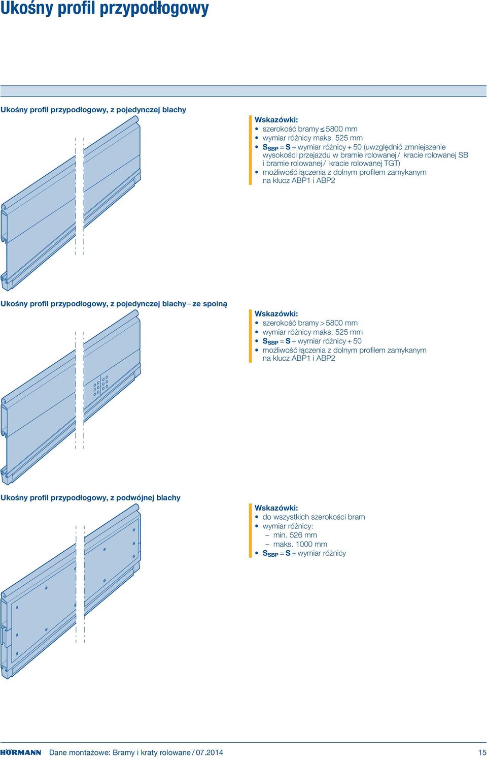 profilem zamykanym na klucz ABP1 i ABP2 Ukośny profil przypodłogowy, z pojedynczej blachy ze spoiną Wskazówki: szerokość bramy > 0 mm wymiar różnicy maks.