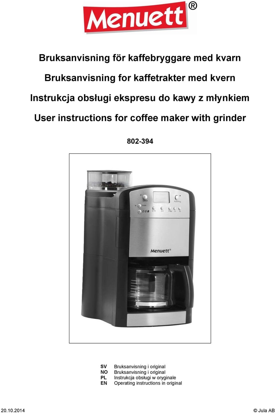 maker with grinder 802-394 SV NO PL EN Bruksanvisning i original Bruksanvisning i