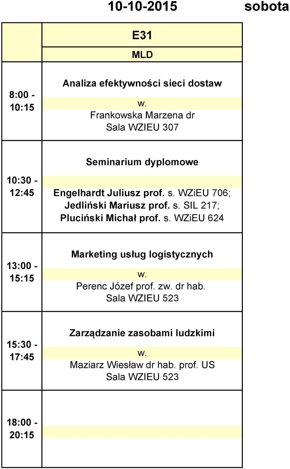 WZiEU 706; Jedliński Mariusz prof. s. SIL 217; Pluciński Michał prof. s. WZiEU 624 Perenc Józef prof.