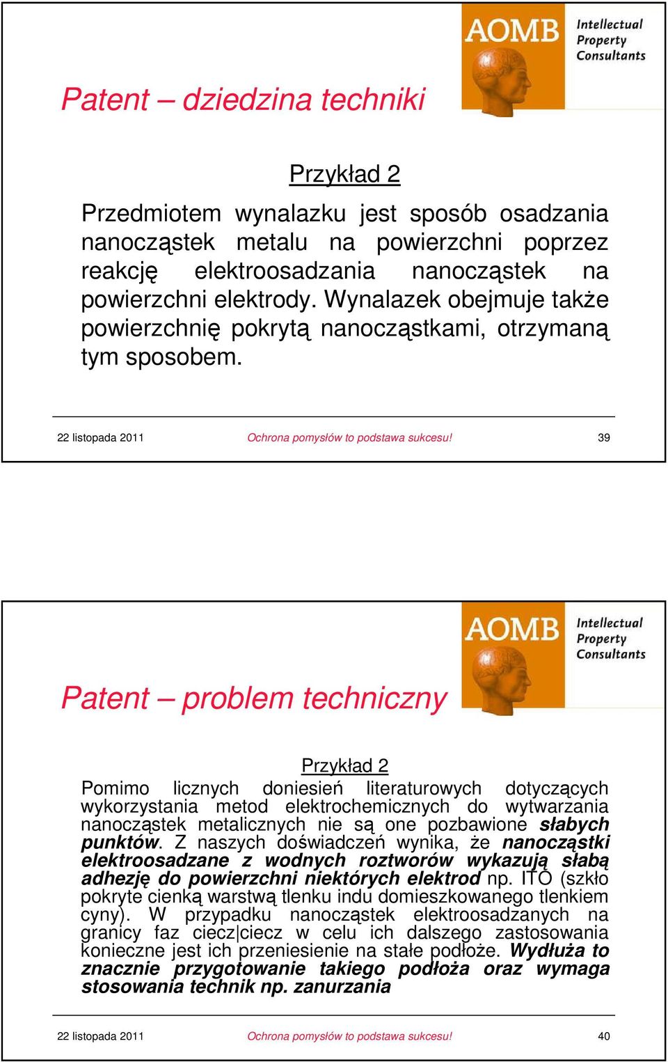 39 Patent problem techniczny u Przykład 2 u Pomimo licznych doniesień literaturowych dotyczących wykorzystania metod elektrochemicznych do wytwarzania nanocząstek metalicznych nie są one pozbawione