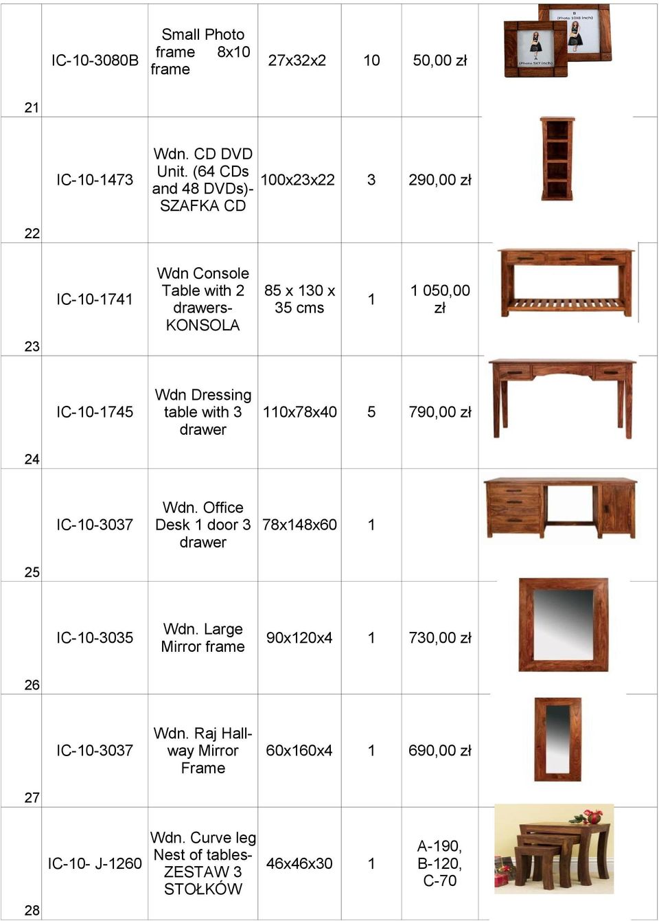 Wdn Dressing table with 3 0x78x40 drawer 5 790,00 IC-0-3037 Wdn. Office Desk door 3 78x48x60 drawer 2 22 23 24 25 IC-0-3035 Wdn.