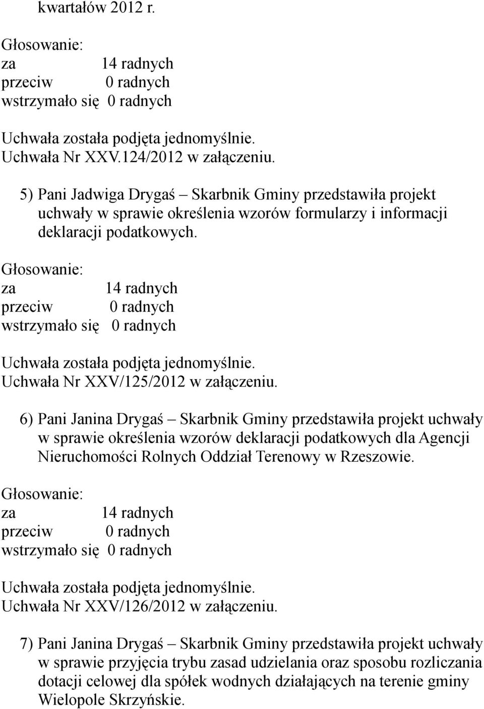 za 14 radnych wstrzymało się 0 radnych Uchwała została podjęta jednomyślnie. Uchwała Nr XXV/125/2012 w załączeniu.