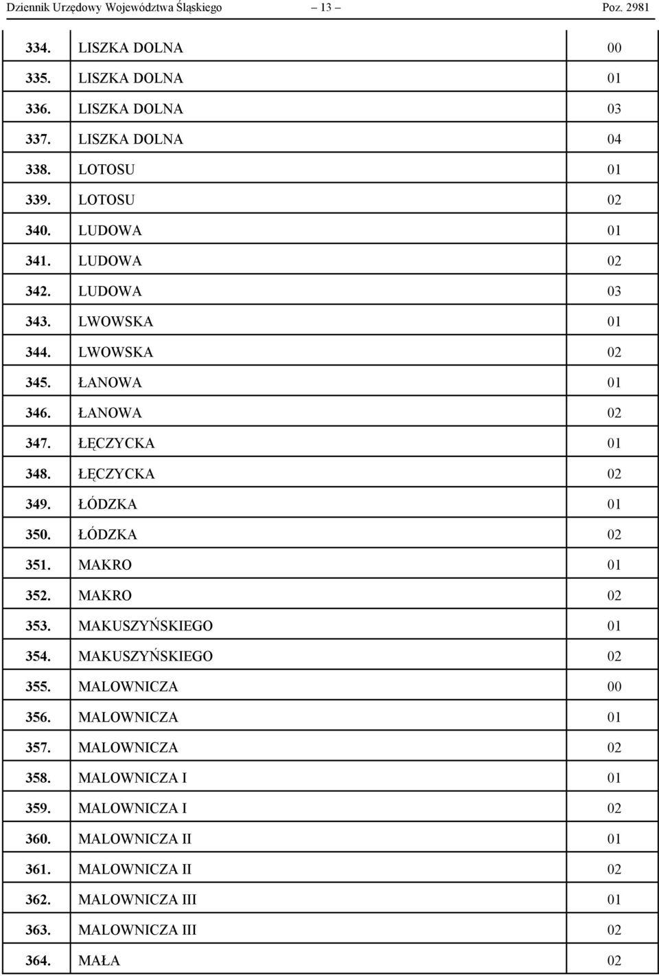 ŁĘCZYCKA 02 349. ŁÓDZKA 01 350. ŁÓDZKA 02 351. MAKRO 01 352. MAKRO 02 353. MAKUSZYŃSKIEGO 01 354. MAKUSZYŃSKIEGO 02 355. MALOWNICZA 00 356.