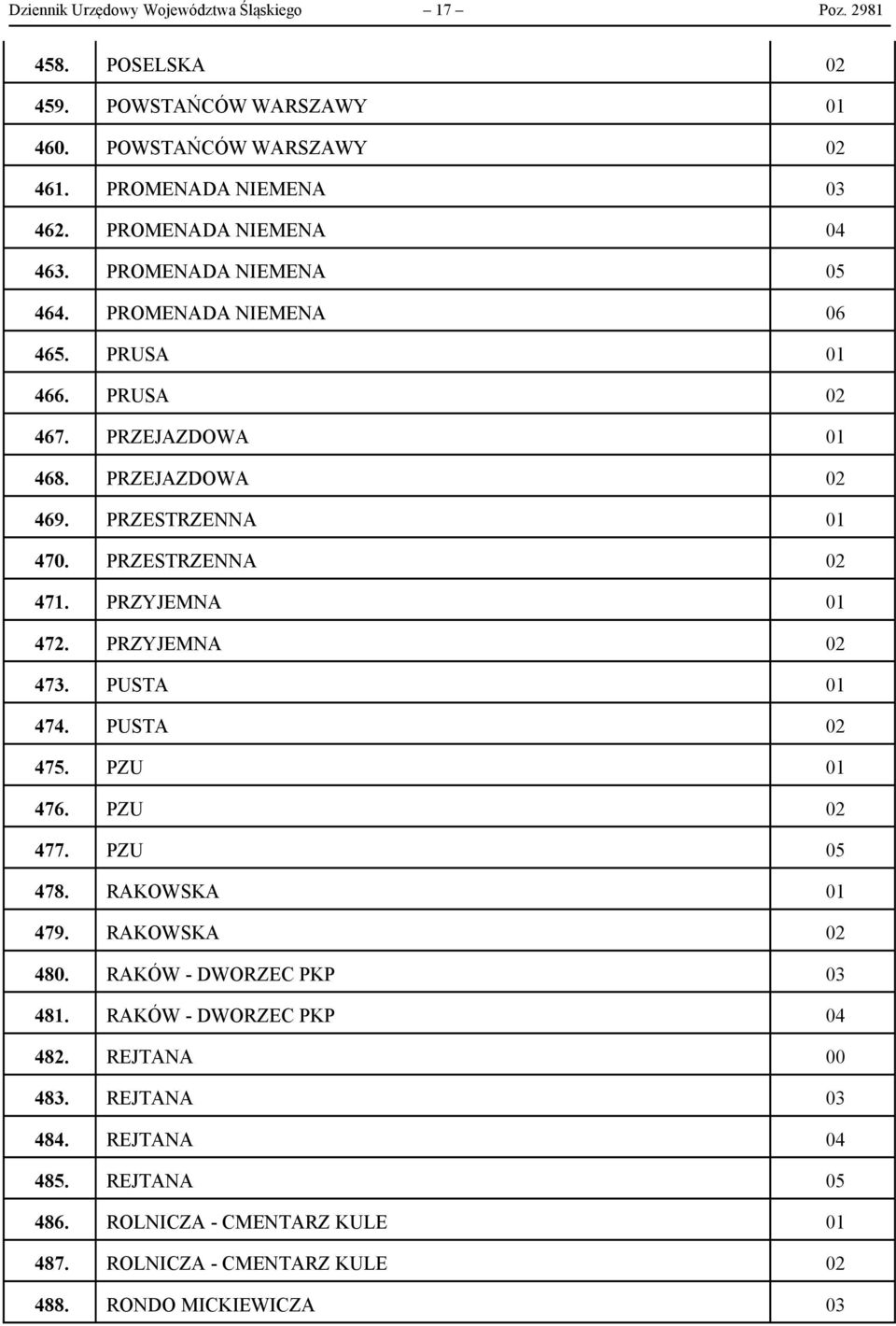 PRZESTRZENNA 02 471. PRZYJEMNA 01 472. PRZYJEMNA 02 473. PUSTA 01 474. PUSTA 02 475. PZU 01 476. PZU 02 477. PZU 05 478. RAKOWSKA 01 479. RAKOWSKA 02 480.