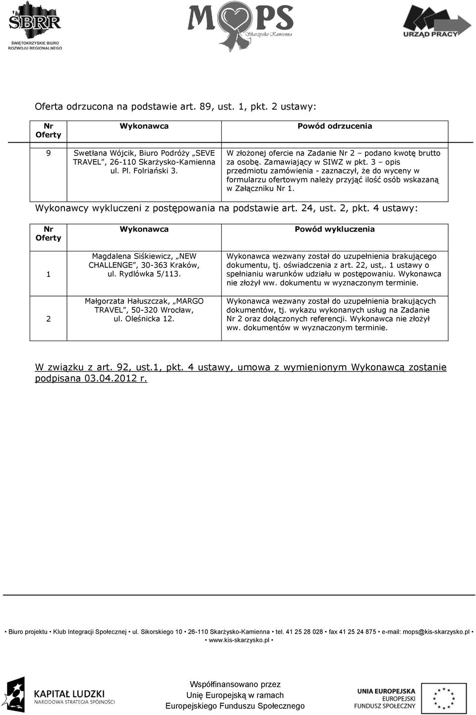 3 opis przedmiotu zamówienia - zaznaczył, że do wyceny w formularzu ofertowym należy przyjąć ilość osób wskazaną w Załączniku 1. Wykonawcy wykluczeni z postępowania na podstawie art. 24, ust. 2, pkt.