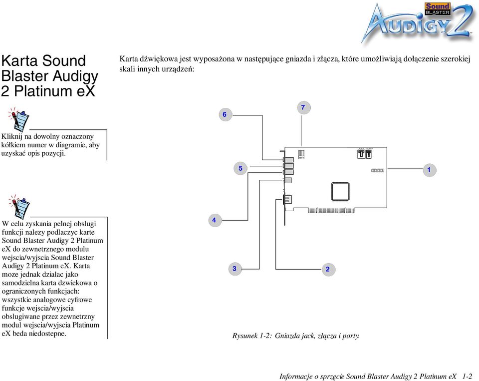 5 1 W celu zyskania pelnej obslugi funkcji nalezy podlaczyc karte Sound Blaster Audigy 2 Platinum ex do zewnetrznego modulu wejscia/wyjscia Sound Blaster Audigy 2 Platinum ex.