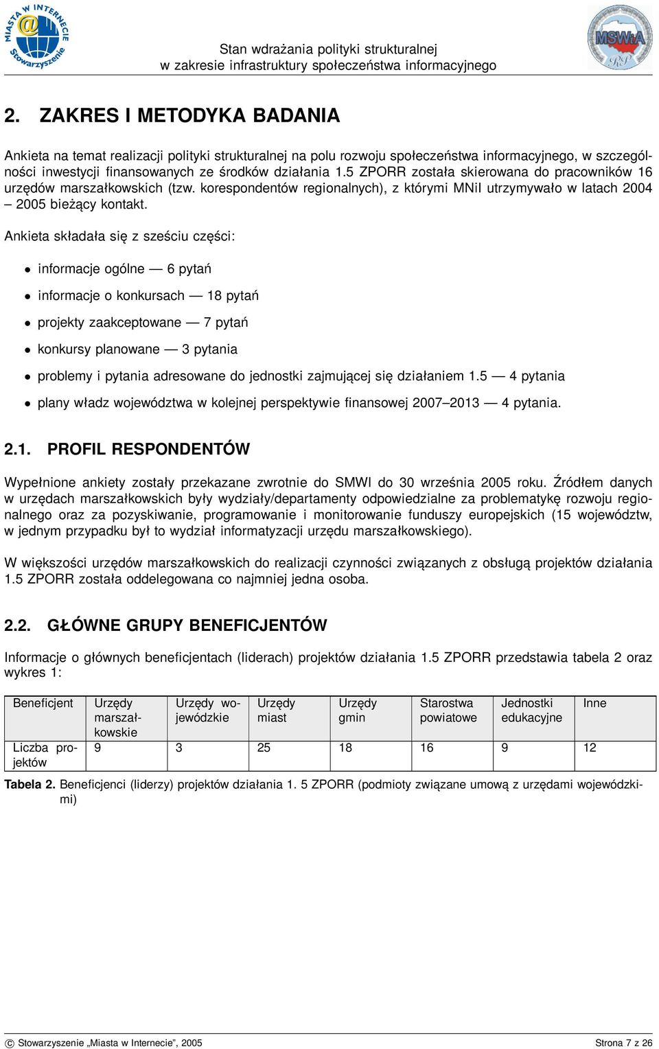 Ankieta składała się z sześciu części: informacje ogólne 6 pytań informacje o konkursach 8 pytań projekty zaakceptowane 7 pytań konkursy planowane 3 pytania problemy i pytania adresowane do jednostki