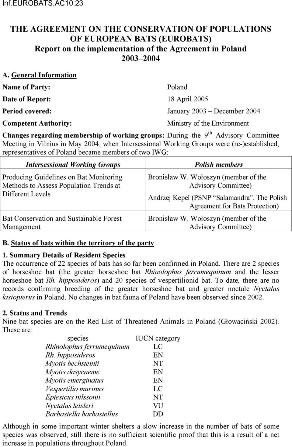 working groups: During the 9 th Advisory Committee Meeting in Vilnius in May 2004, when Intersessional Working Groups were (re-)established, representatives of Poland became members of two IWG: